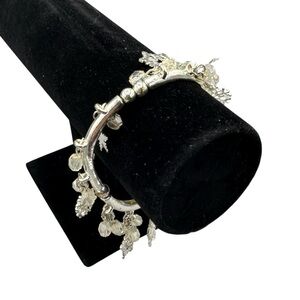 Silver Tone Snowflake Charm Bracelet with Crystal Beads Expandable Bangle